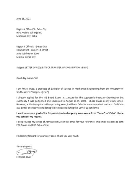 Request for Transfer of Examination Venue to PRC .